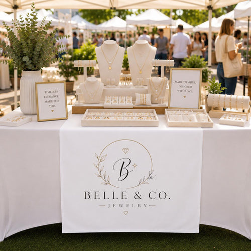 Custom logo table runner displayed at a craft show vendor booth
