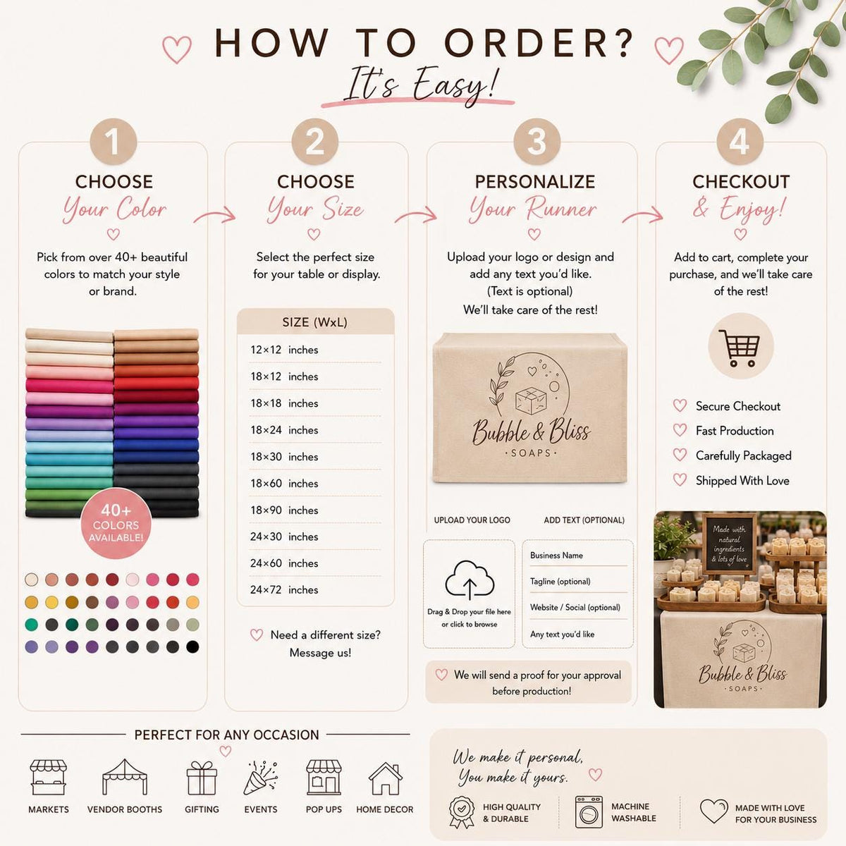 How to order a custom table runner: choose color, size, personalize with logo, and checkout